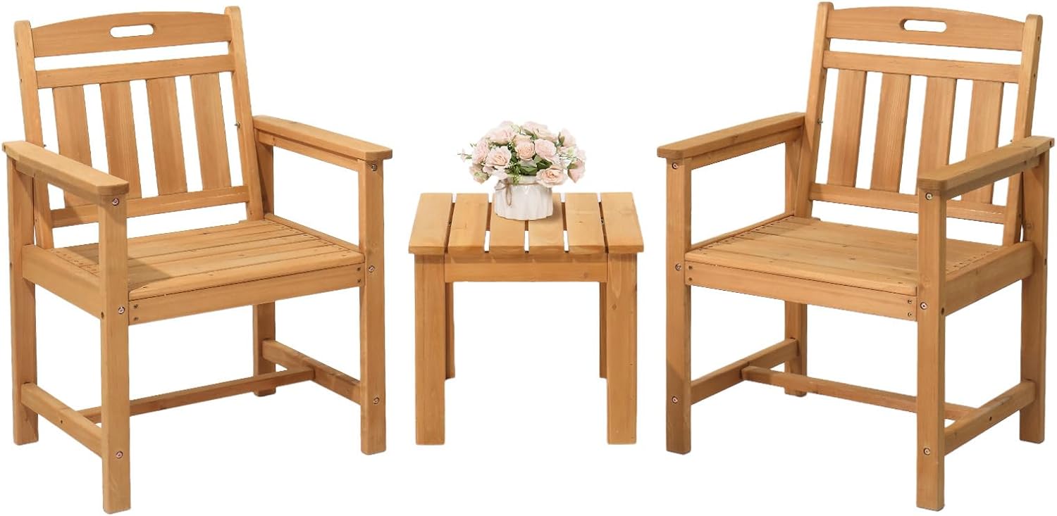 VINGLI Outdoor Bistro Set 3 Piece Patio Chairs Small Outdoor Table and Chairs for 2 Solid Wood Patio Bistro Set with Side Table (Teak)