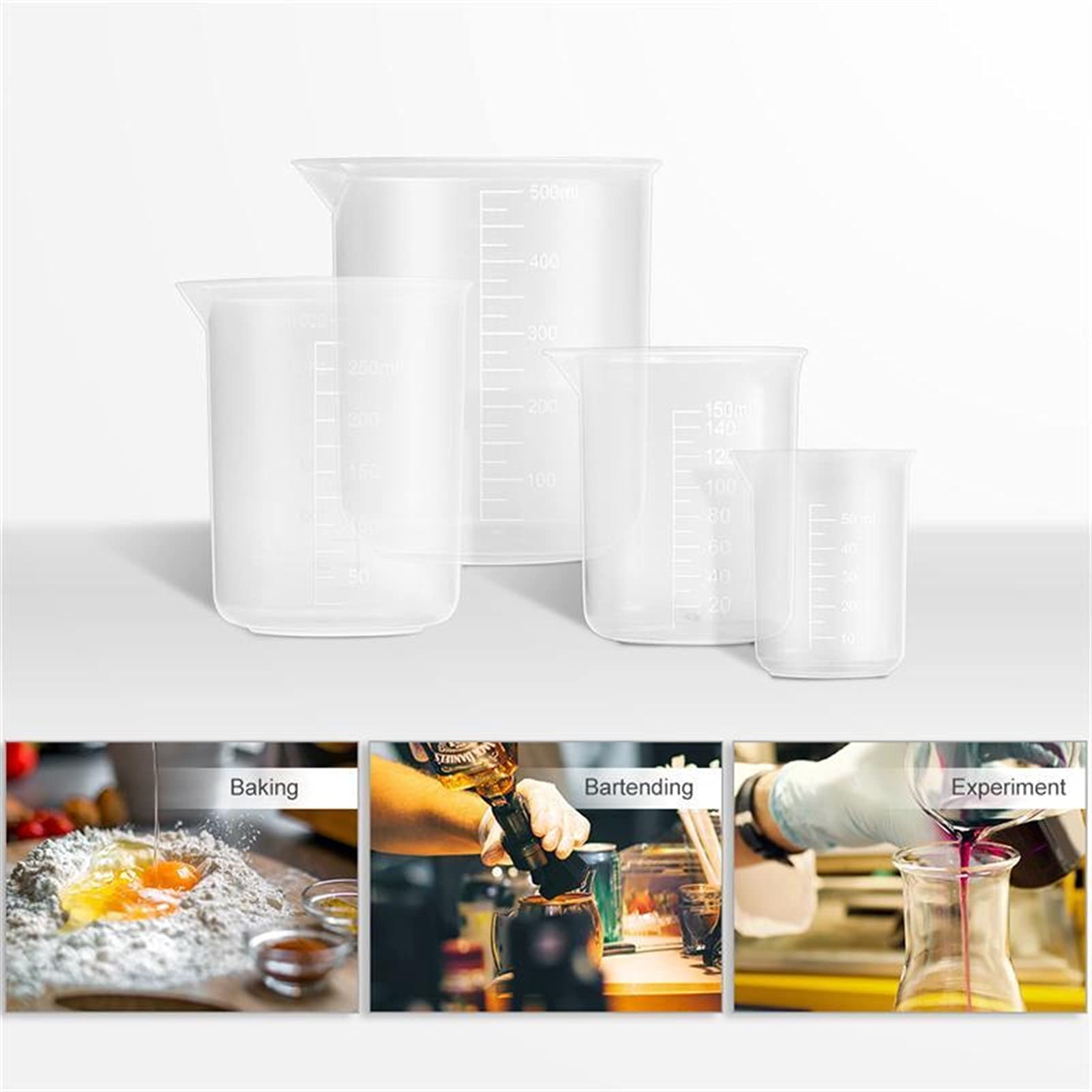 Bicchiere sperimentale 4 Pezzi Misurini 50ml / 150ml / 250ml / 500ml Bicchieri Graduati in plastica Materiale di Laboratorio (Trasparente) Laboratorio, Cottura al Forno