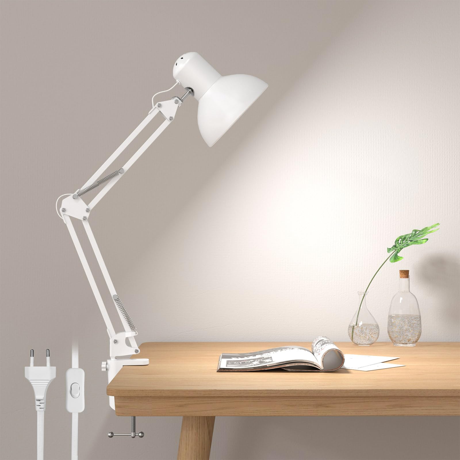 Lepro Lámpara Escritorio LED Industrial con Abrazadera Ajustable, Flexo LED Escritorio Metal Vintage 40W, Lámpara de Mesa de Noche para Cabecera, Estudio, Bombilla E27 No Incluida, Blanco