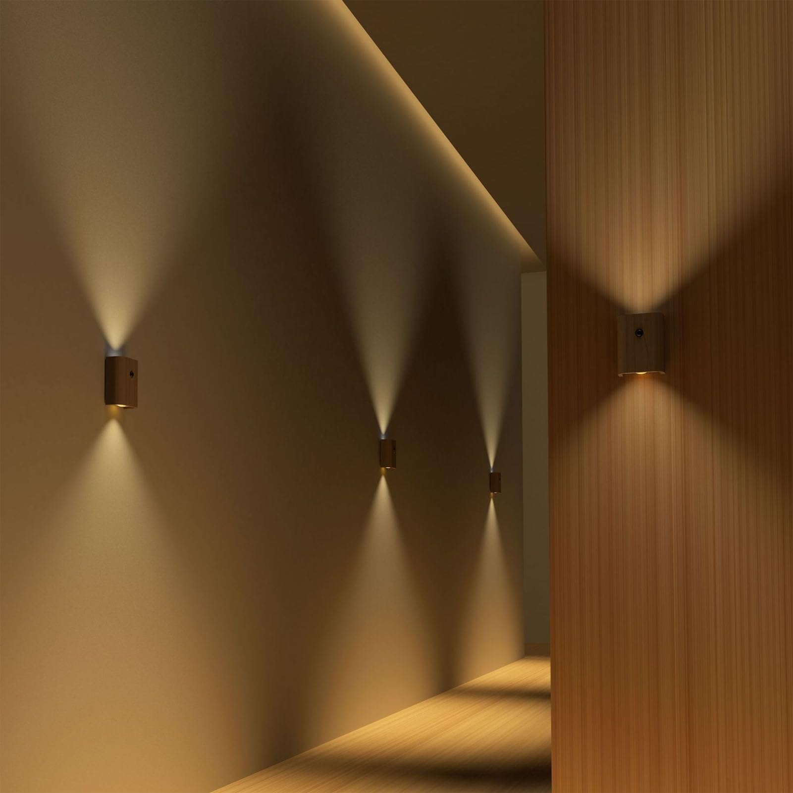 Luce notturna del sensore di movimento, 2 pezzi collegamento intelligente in legno LED magnetico luce da parete USB ricaricabile 360° direzione regolabile su e giù luce notturna