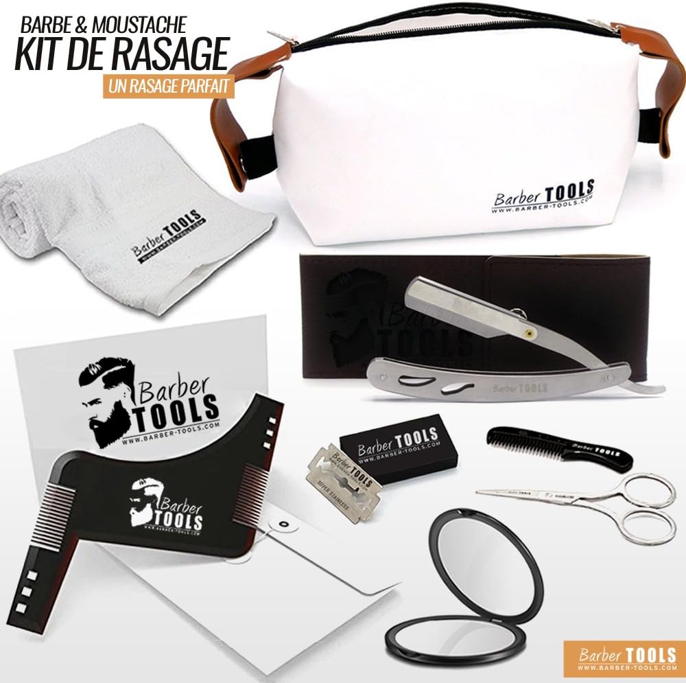 ✮ BARBER TOOLS ✮ Shaving kit - Straight razor with interchangeable blade + 5 double blades + Guide comb for shaving + Pocket mirror + beard towel