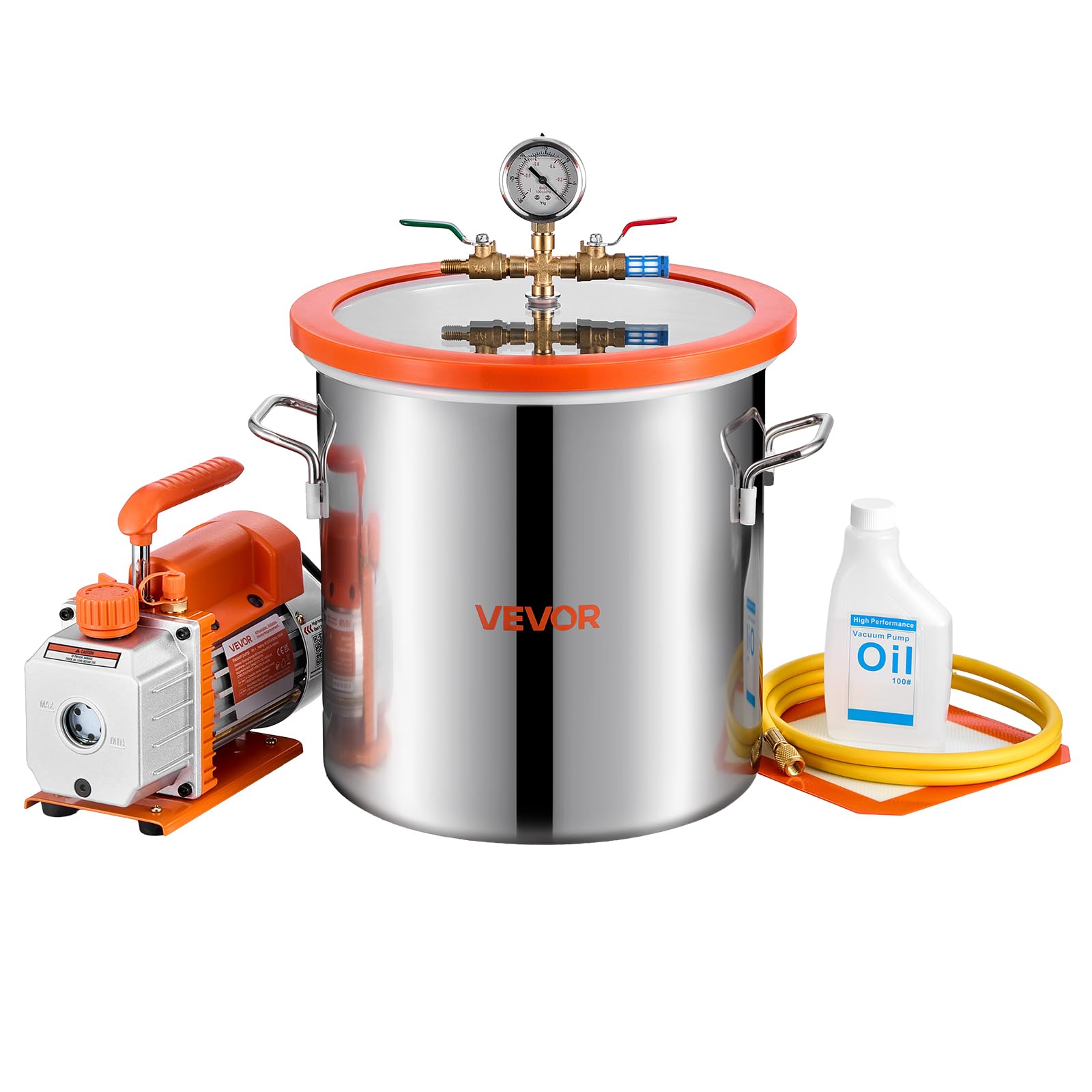 VEVOR Vakuumpumpe mit 18,9 L Vakuumkammer, 3,5 CFM 99 L/min, 180 W, 1-stufige Unterdruckpumpe, Vacuum Pump Kit, 1,5 m Schlauch, zur Stabilisierung von Holz & Entgasung von Silikonharz