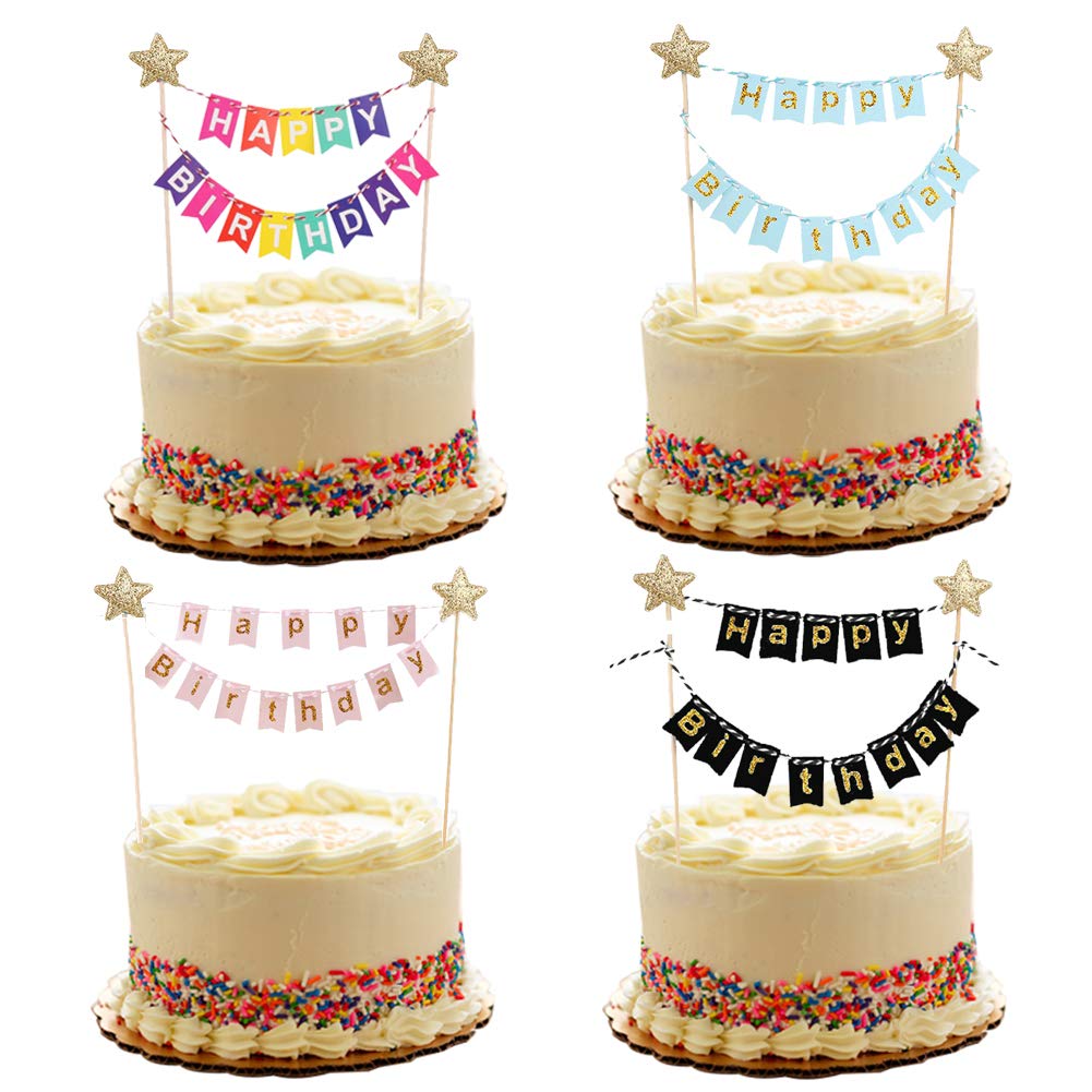 Jatidne 4 Pieces Happy Birthday Cake Topper Bunting Rainbow Cake Topper for Girls Boys Kids Cake Decorations