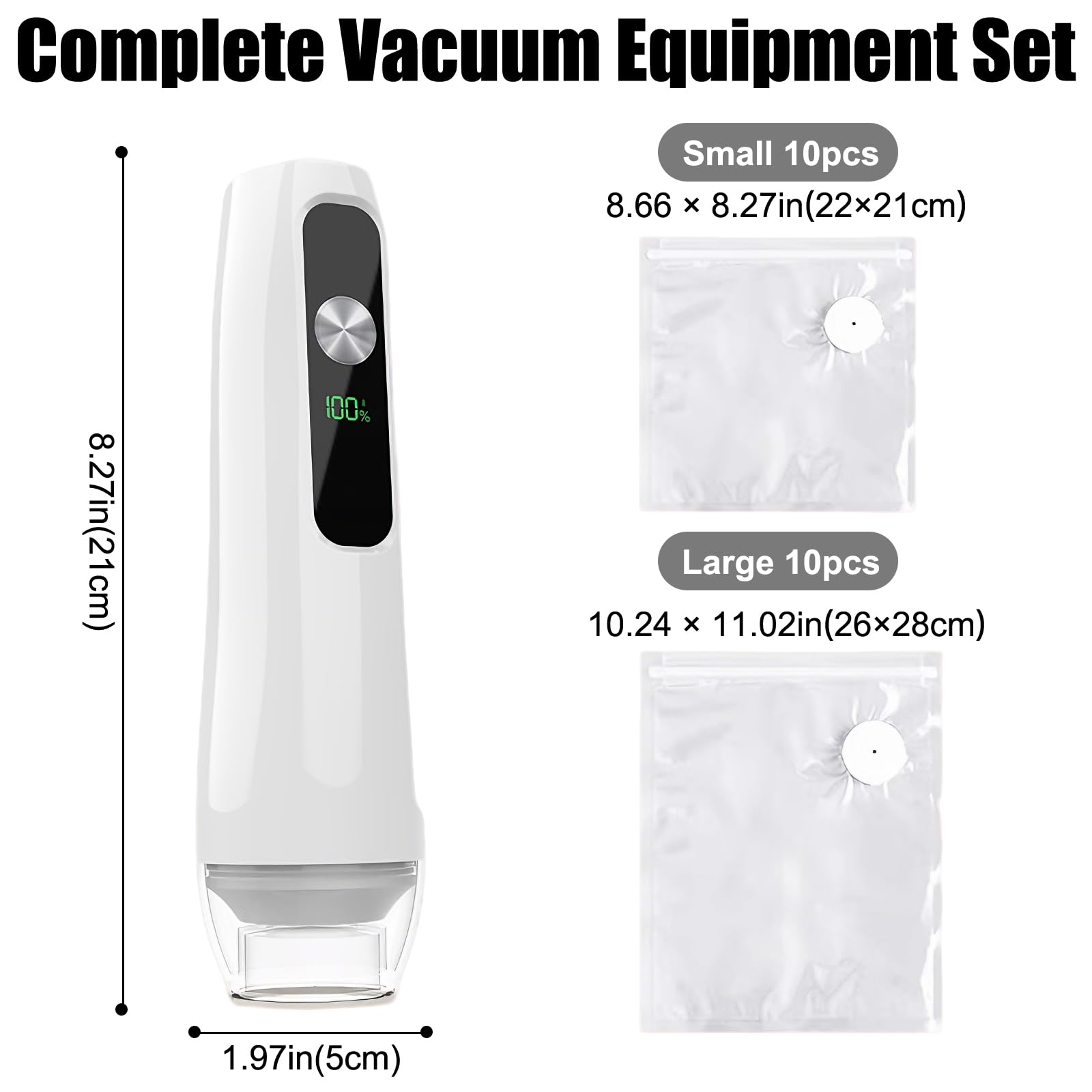 Selladora al Vacío Manual Compacta Portátil con 20 Bolsas | Mini Sellador de Vacío con Colector de Jugos y Líquidos, Inalámbrica y Recargable USB-C para Viajes, Oficina