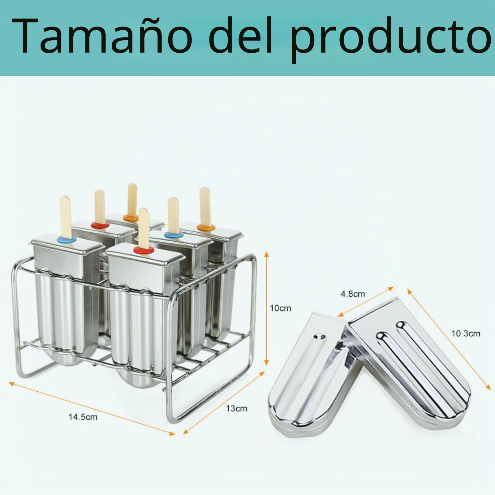 Moldes para helados de acero inoxidable 304, antifugas, juego de moldes con varillas de madera y base de metal, máquinas de hielo reutilizables para niños y familia (6 moldes + 50 tallos)