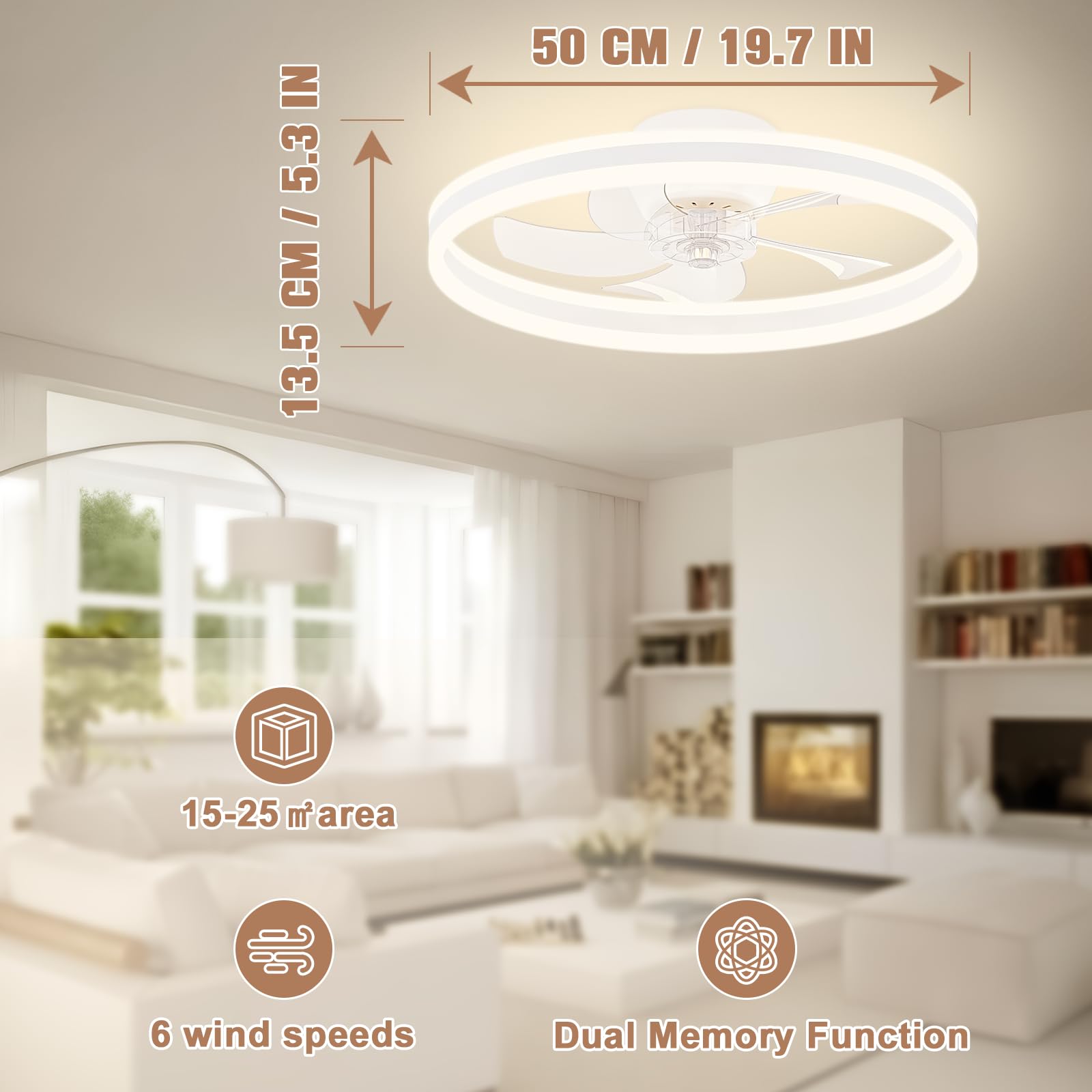VOLISUN Deckenventilator mit Beleuchtung und Fernbedienung, 50 cm, LED, dimmbar, 6 Windstufen, leise, für Schlafzimmer Wohnzimmer