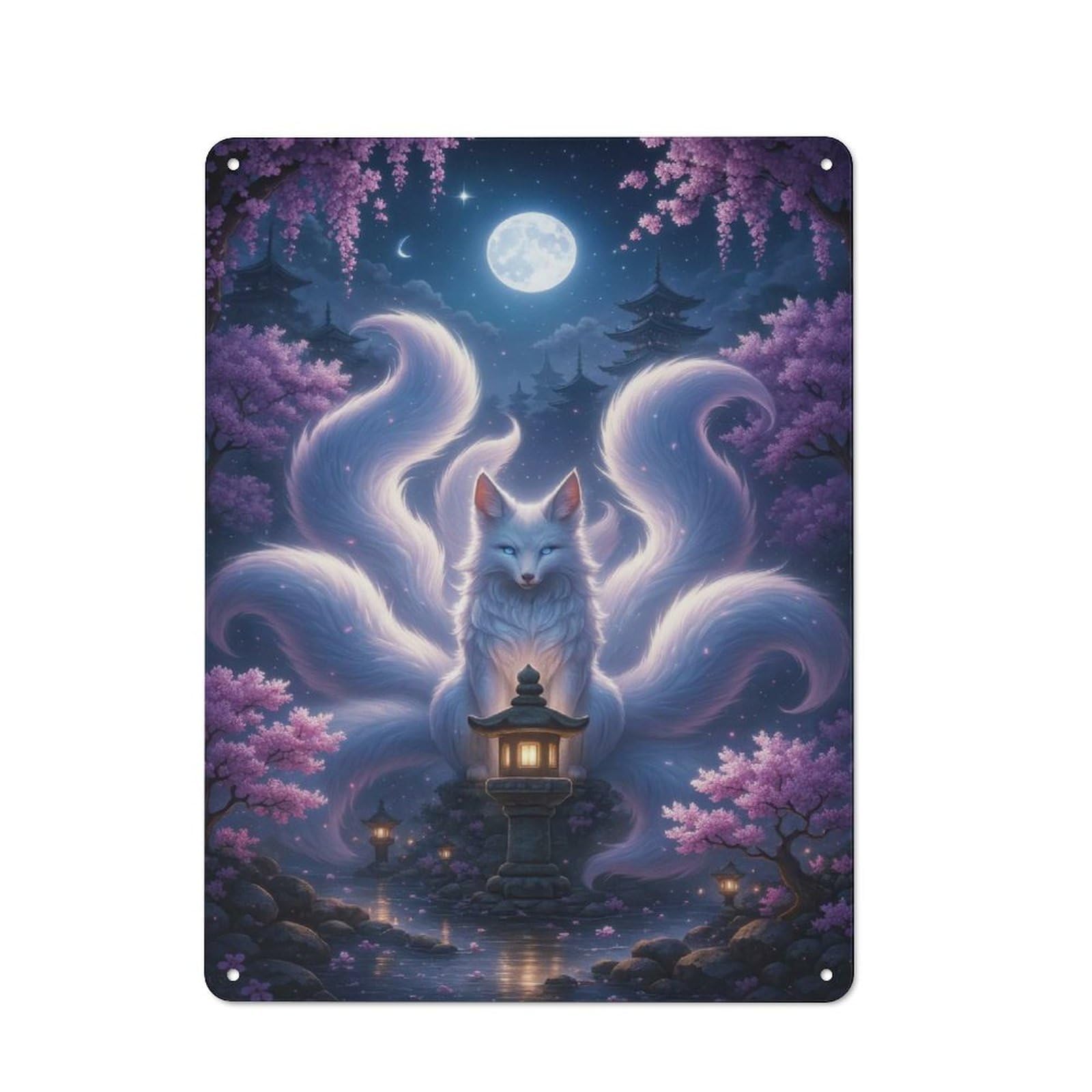 Junmoney Style-14 Tin Wall Plaque 40X30cm With Nine-Tailed Fox In Moonlight Garden For Home Office Or Studio, For Garage, Workshop And Man Cave Decoration