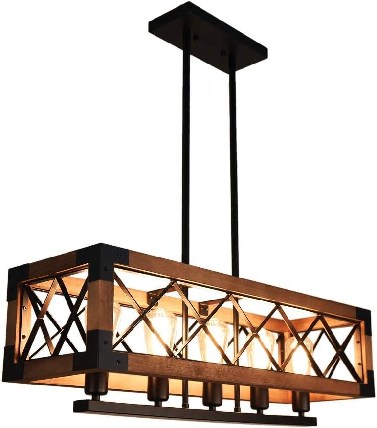 Lingkai Vintage Industrial Square Metal Pendant Lamp Light Fixture with Wooden Rectangle Shade Black Finished Retro Rustic Vintage Industrial Edison Ceiling Lamp Linear Chandelier 5-Lights [Energy Class A++]