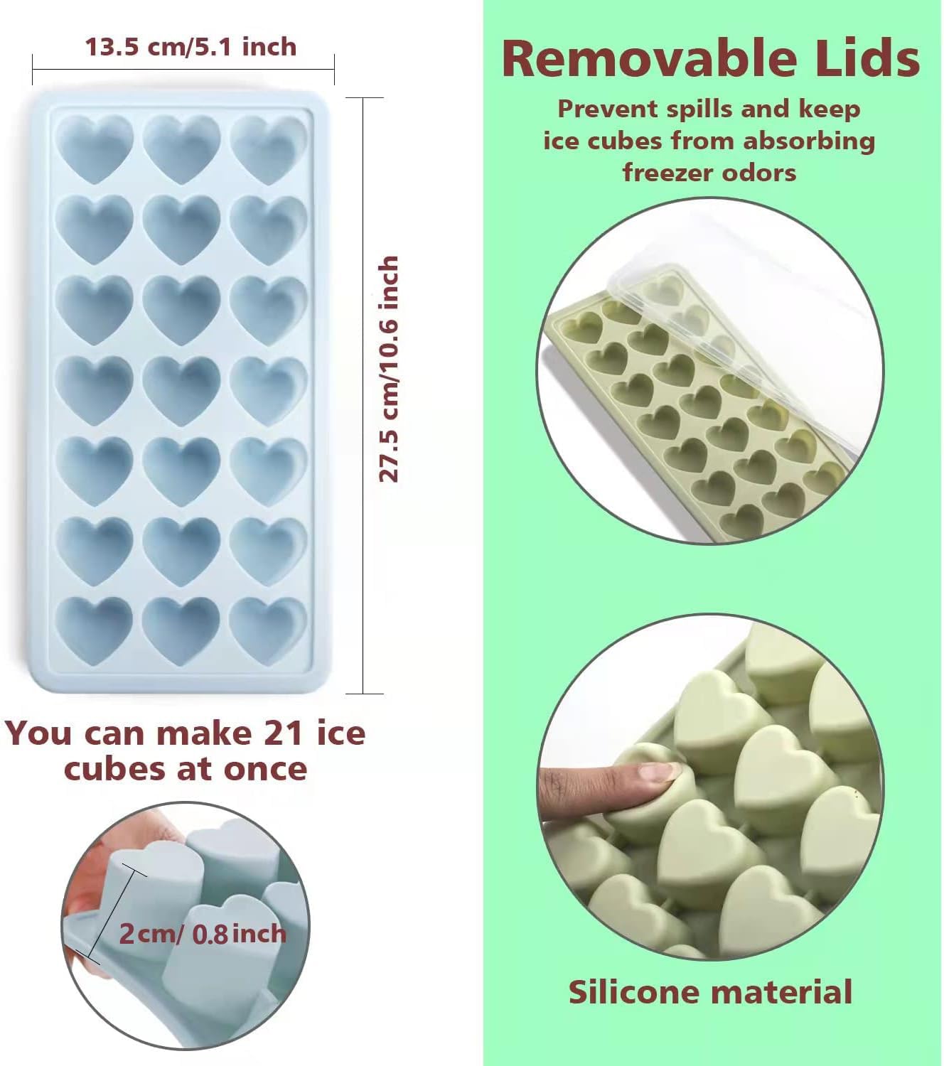 Heart Shape Ice Cube Tray, 21 Holes Silicone Ice Cube Mold with Removable Lid Flexible for Whiskey Cocktail Chocolate