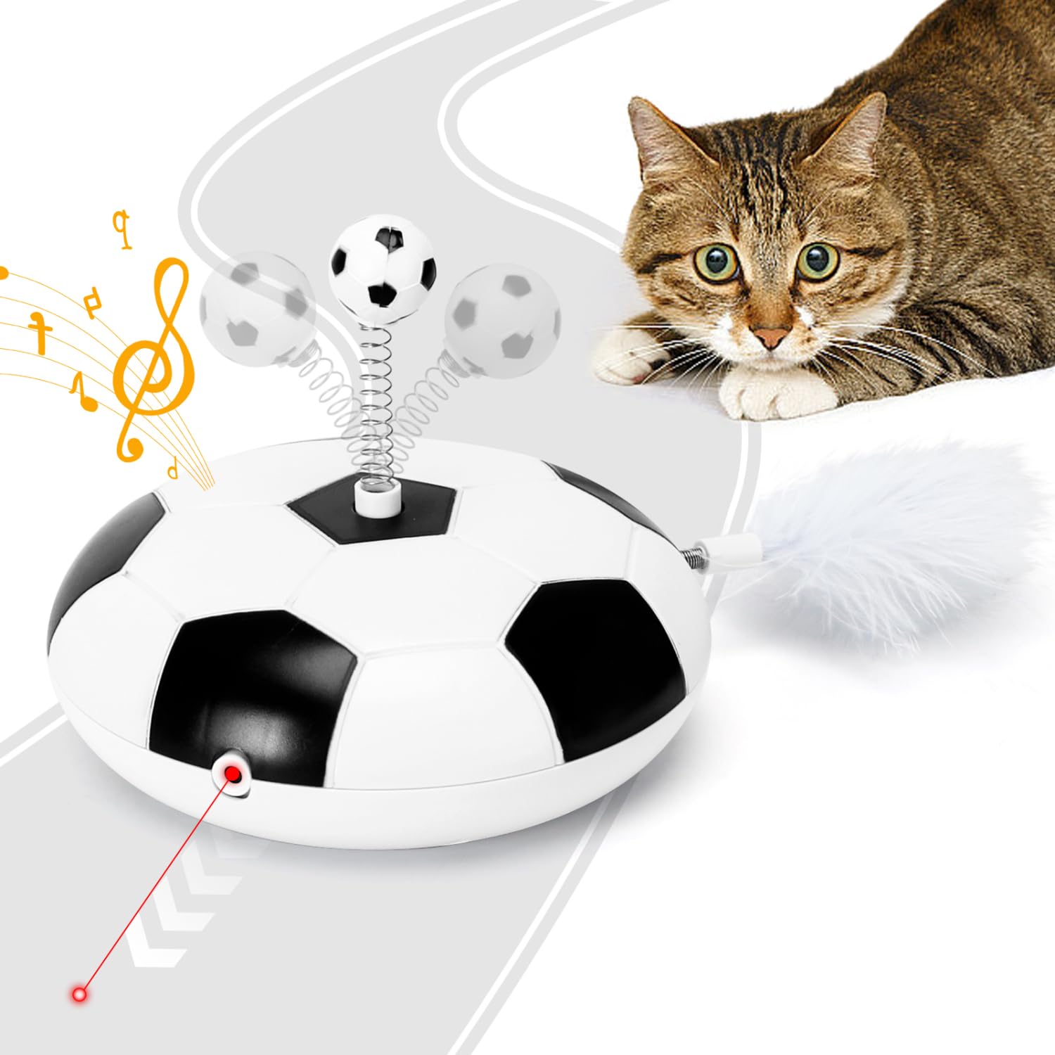 Nobleza - 5-in-1 Juguetes para Gatos con LED Rojo, Juego Gatos Inteligencia Automático en Movimiento para Gatos, Juguetes para Gatos Inteligentes con Pluma y Bola con Muelle, Blanco y Negro