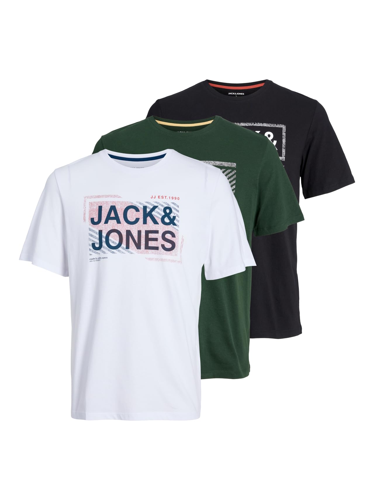 JACK & JONES Camiseta Hombre Pack de 3 – Manga Corta, Cuello Redondo, 100% Algodón, Básica y Casual, Diseño Estampado, Negro/Verde/Blanco