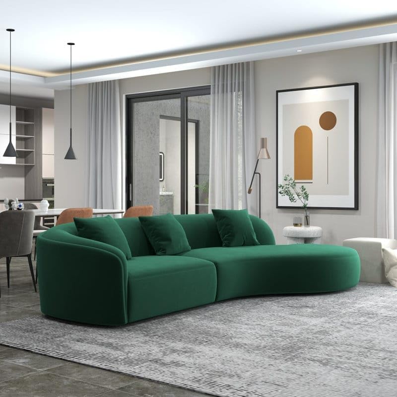 Image of 110.24 inch Modern Futuristic J- Style Curved Velvet Sofa, Sectional Sofa Round Arm with Soft Pillow for Living Room, Bedroom, Hallways (Green)
