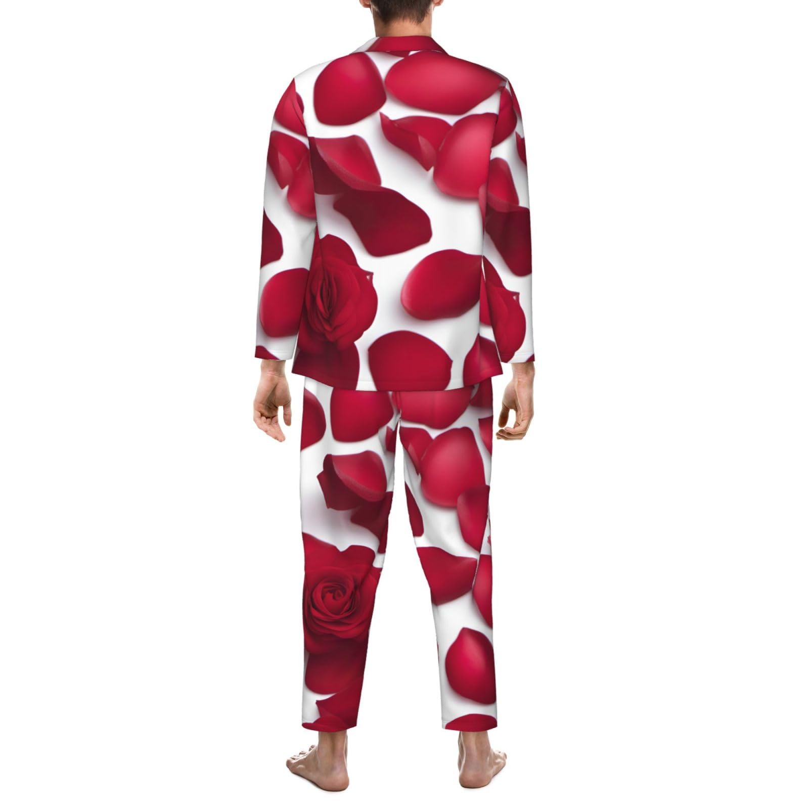 Set pigiama a maniche lunghe da uomo con stampa di petali di rosa rossa, abbigliamento da casa traspirante e accogliente per il fine settimana