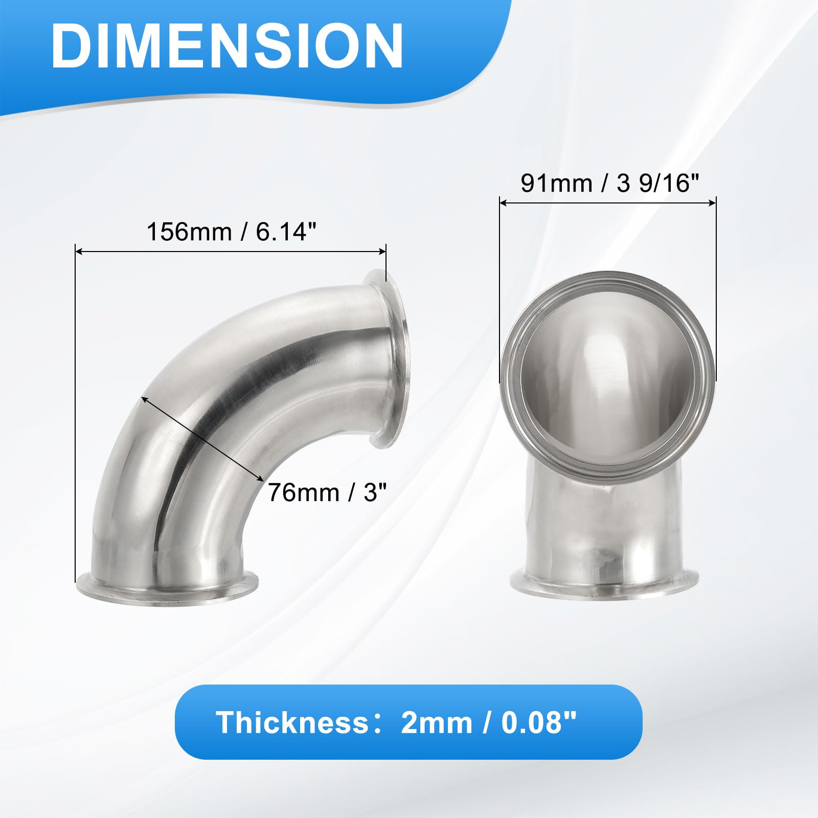 PATIKIL 90 Gradi Gomito di Scarico 3"(76mm) OD Tubo Raccordi | Raccordi Sanitari In Acciaio Inox 304, 3" Fascette Sanitarie Tri, 91mm OD Flangia, Per Impianti Idraulici