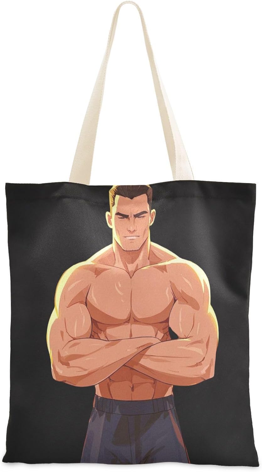 Handsome Man Muscle Cartoon Canvas Bags With Handles Gifts Canvas Tote Bags Bulk