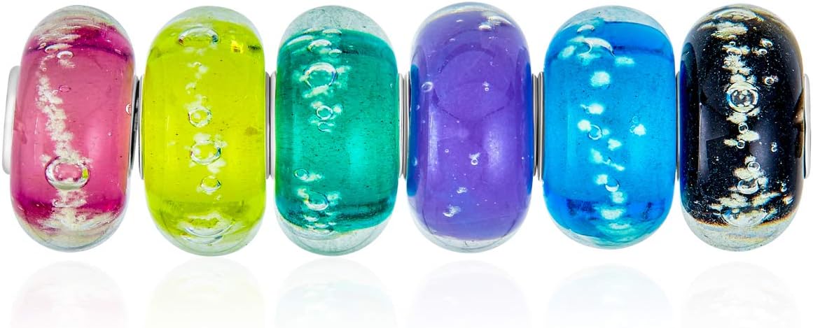 Bling Jewelry Mixed Set Of Bundle .925 Sterling Silver Core Translucent Multi Colors Glow In The Dark Murano Glass Swirl Charm Bead Spacer Fits European Bracelet For Women Teen