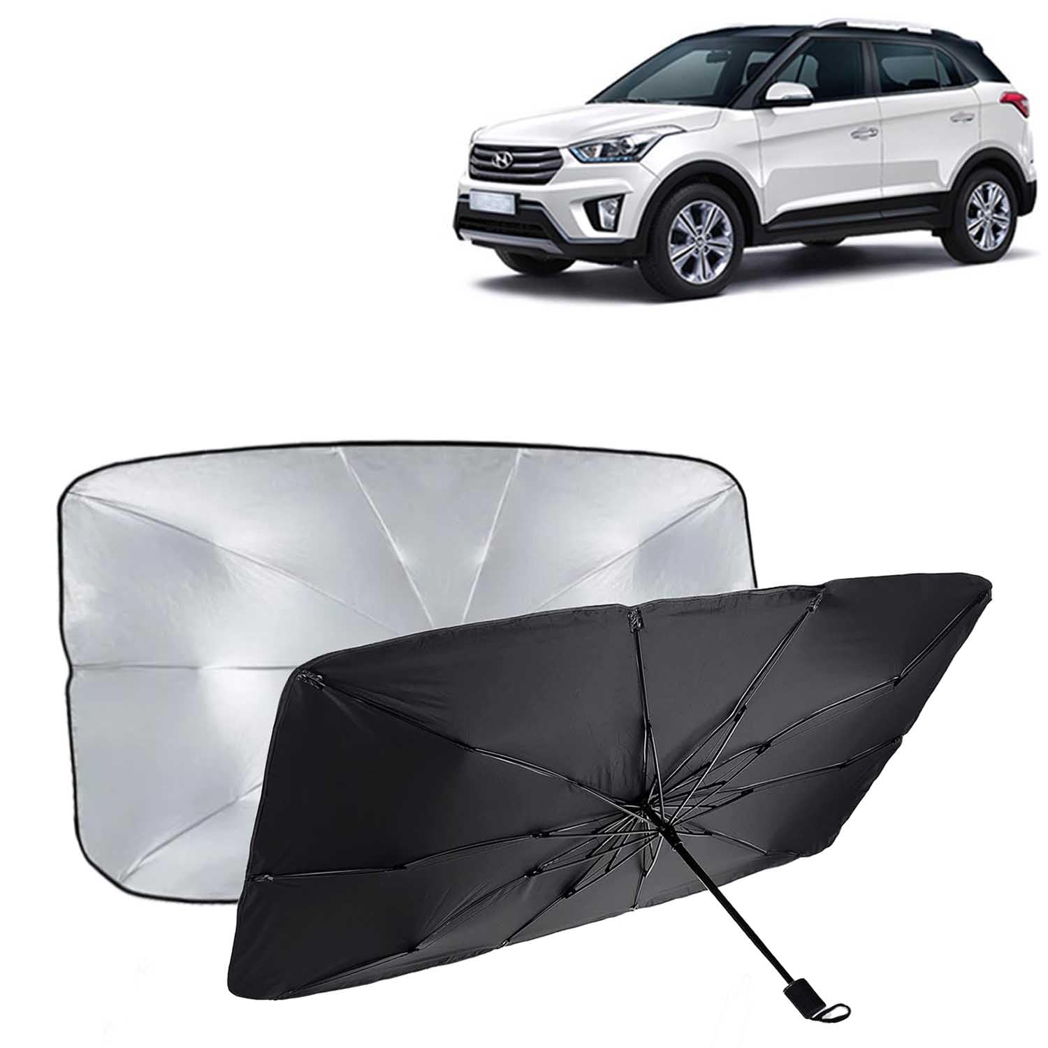 KINGSWAY® Car Sun Shade UV Protection Windshield Cover Compatible with Hyundai Creta, (Year 2015-2017), Foldable Size Universal Fit Umbrella Curtain for Front Window, Rear Window, Black, 1 Piece
