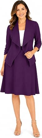 Womens Two-Piece Suit Set 3/4 Sleeve Fitted Blazer and Midi Skirt