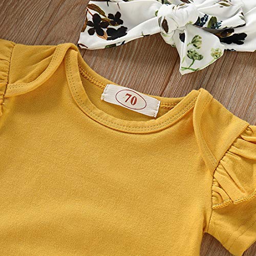 Miekisa Baby Girls 3Pcs Infant Toddler Clothes Romper Bodysuit Floral Halen Tops Pants Clothing Sets Headband Outfits (Short Sleeve Yellow, 6-12 Months (Tag 80)) #TOP2