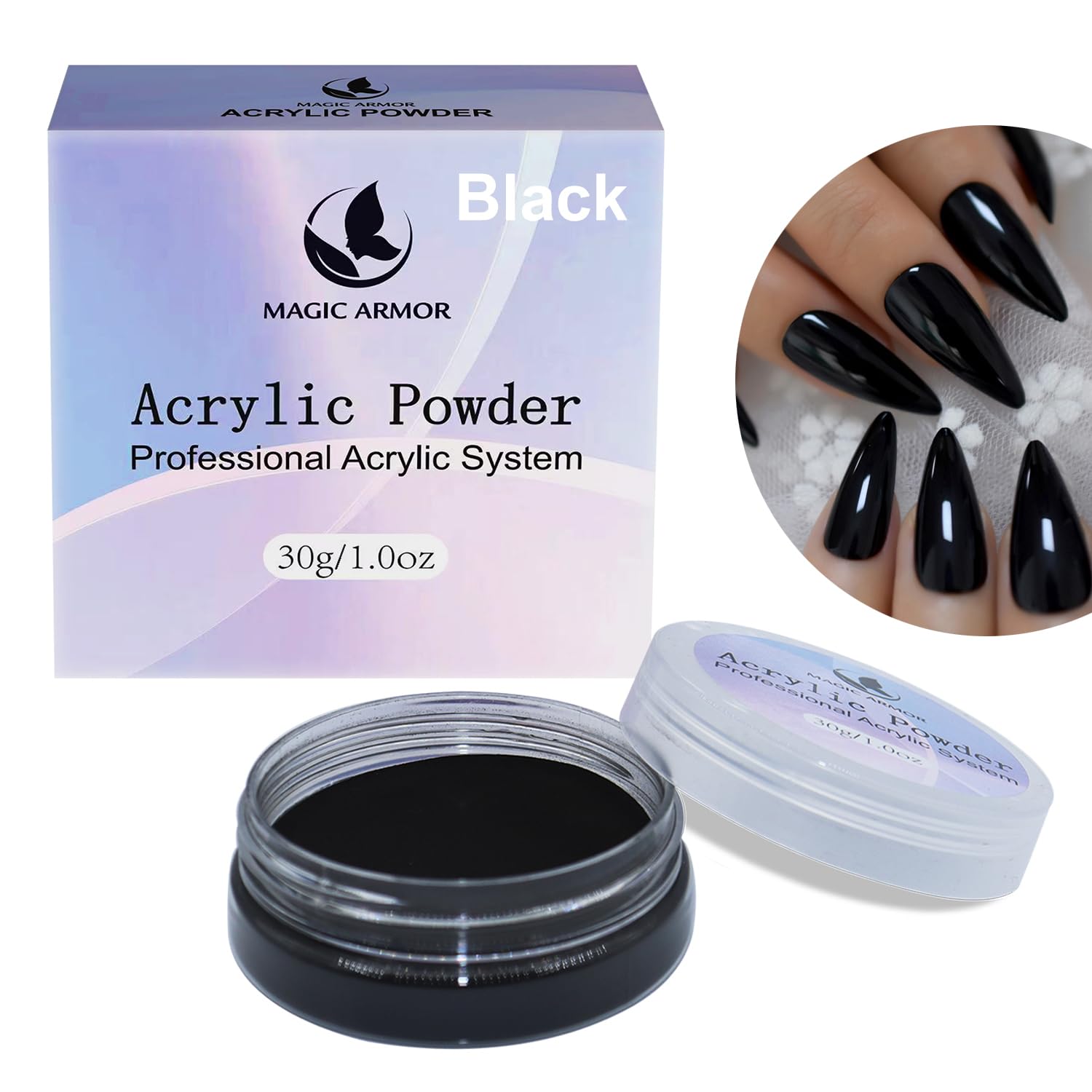 MAGIC ARMOR Akrylowy proszek do paznokci, 30 g, proszek akrylowy, łatwy do formowania, nie żółknie, profesjonalny proszek akrylowy do przedłużania paznokci akrylowych do domu i salonu (czarny)
