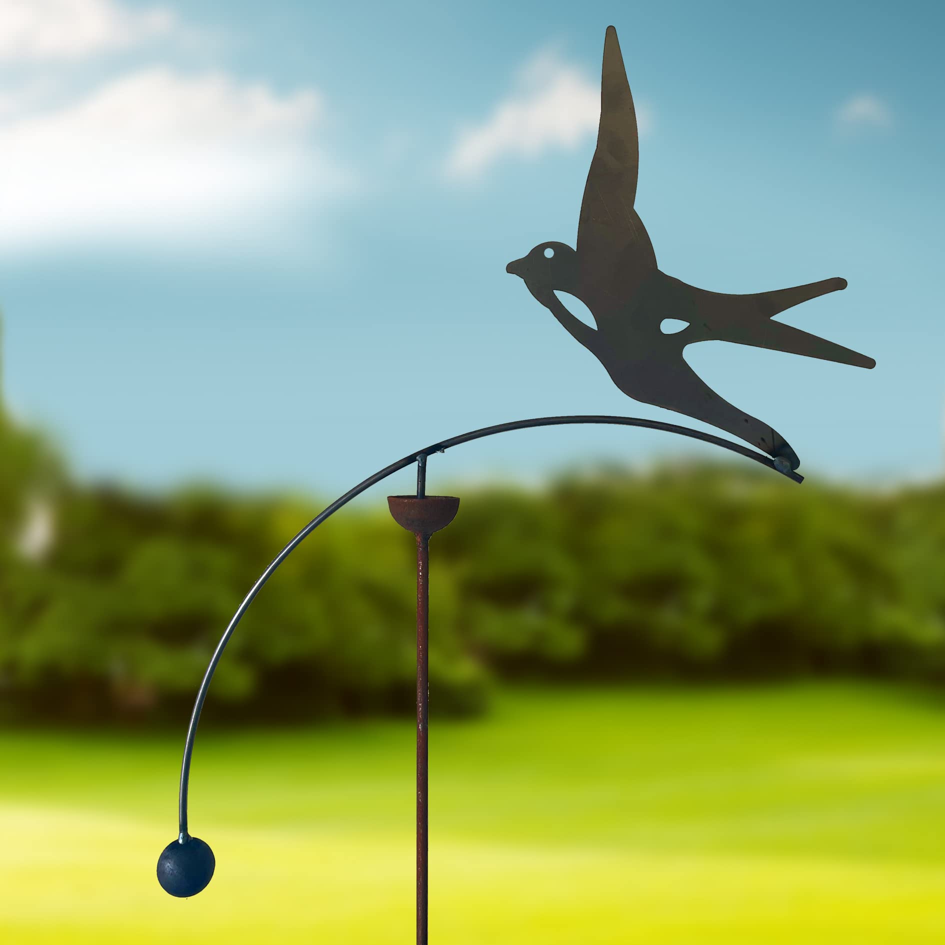 GAP GARDEN PRODUCTS - Solid Metal Rustic finish Garden Wind Spinner/Rocker with a Swallow design on a Single arm (Bare metal and will rust natuarally)
