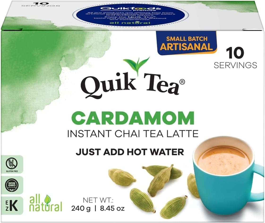 QuikTea Instant Cardamom Chai Tea Latte, 84.5 Oz, Artisanal Indian Chai Latte Mix, Just Add Hot Water, Low Caffeine, Non-GMO, Gluten Free