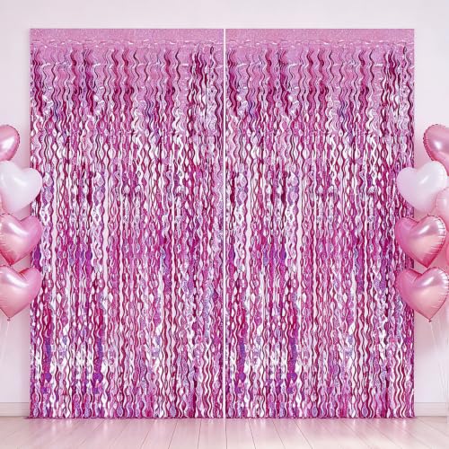 Image of TONIFUL 2Pcs Wavy Pink Metallic Tinsel Foil Fringe Curtain Laser Streamers
