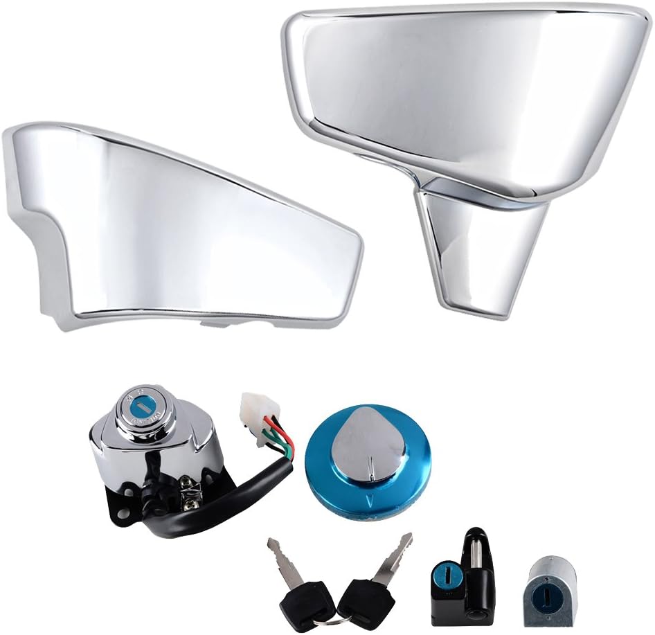 Ignition Fuel Gas Cap Steering Lock Set w/ 2 Keys + Chrome Battery Side Covers Fit 1999-2008 Honda Shadow VLX 600