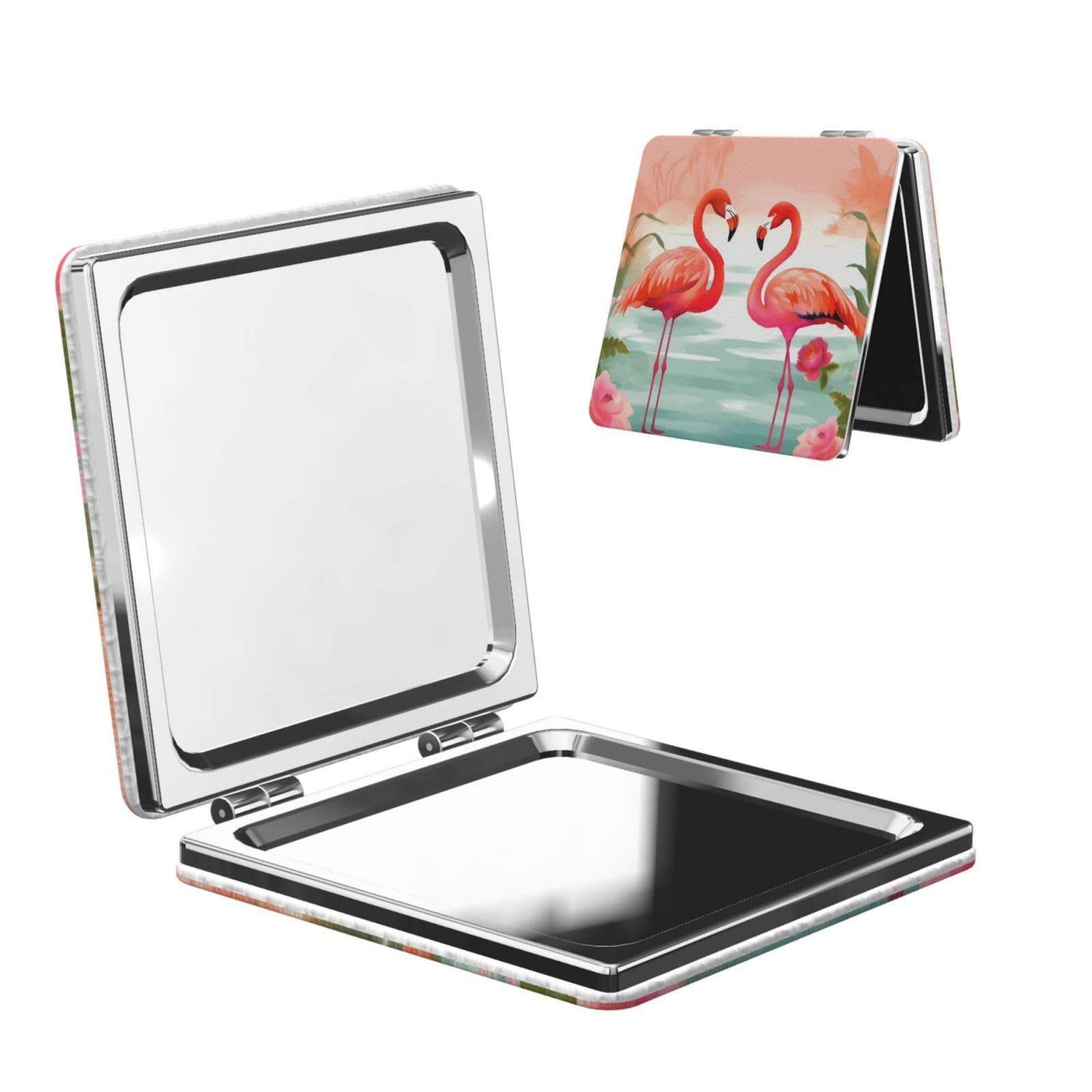 DWVTSLH Two Red Flamingos Compact Mirror for Purse, Double-Sided 2X/1X Magnifying Mirror for Women Men, Travel Makeup Mirror for Handbag, Handheld Vanity Mirror for Gift