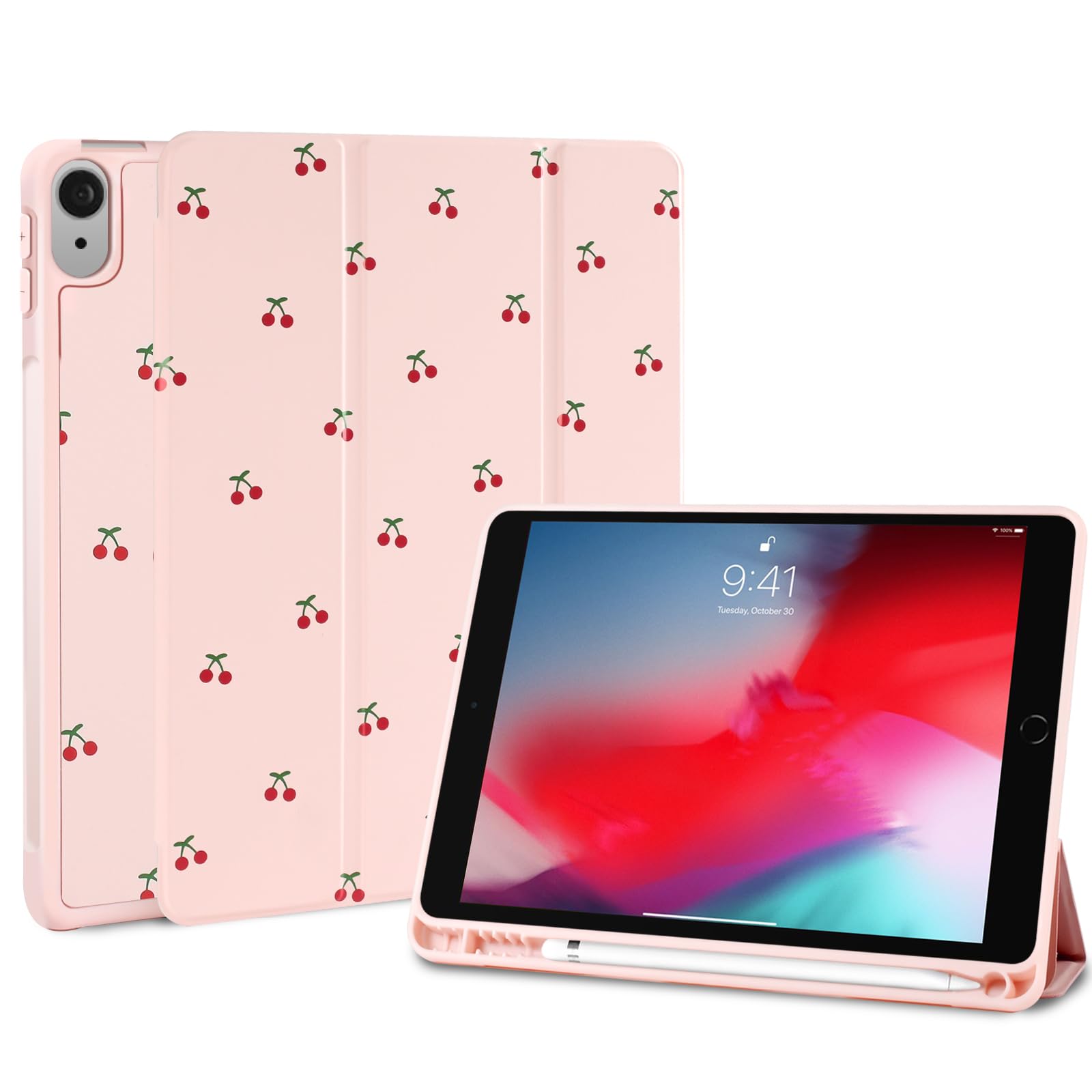 Fycyko Hülle für iPad 11. Generation(A16) 2025/iPad 10. Generation 2022, iPad 11 Zoll Hülle mit Rosa Kokette-Kirsch-Design&Stifthalter,Trifold Ständer,Stoßfest,TPU-Schutzhülle-Rosa Kirsche