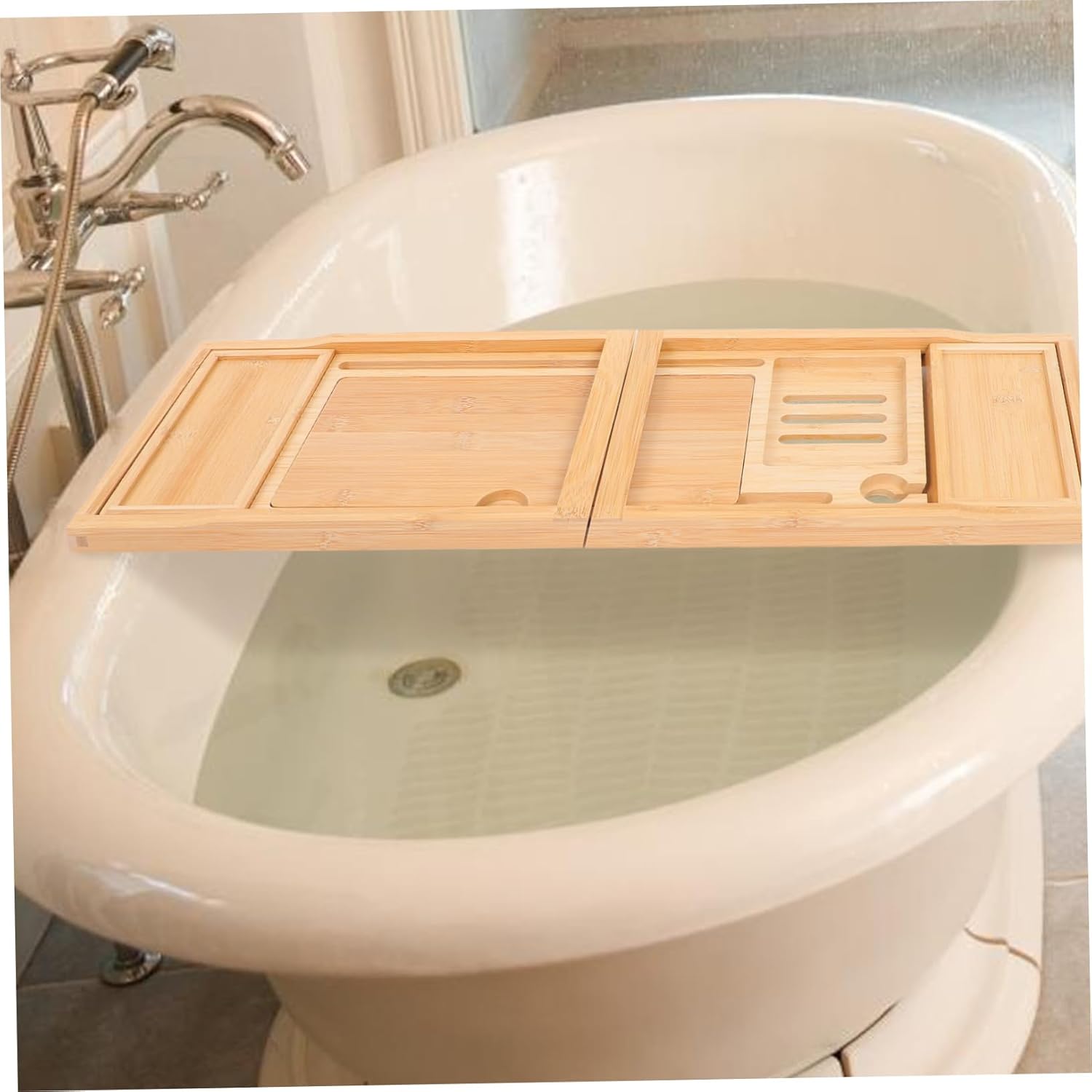 Multi-Function Extendable Bathtub Tray Phone Holder and Sturdy Organizer for Bathroom Storage and Decor Fits Tub