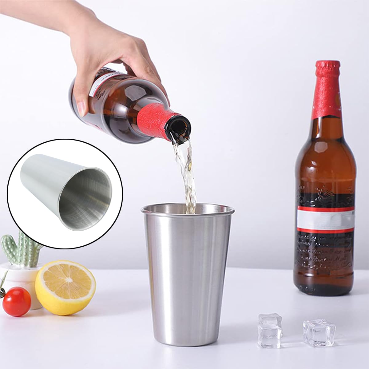 Ludom 2 bicchieri in acciaio inossidabile di alta qualità, riutilizzabili, bicchieri da birra impilabili, in metallo infrangibile, per adulti, 500 ml, argento