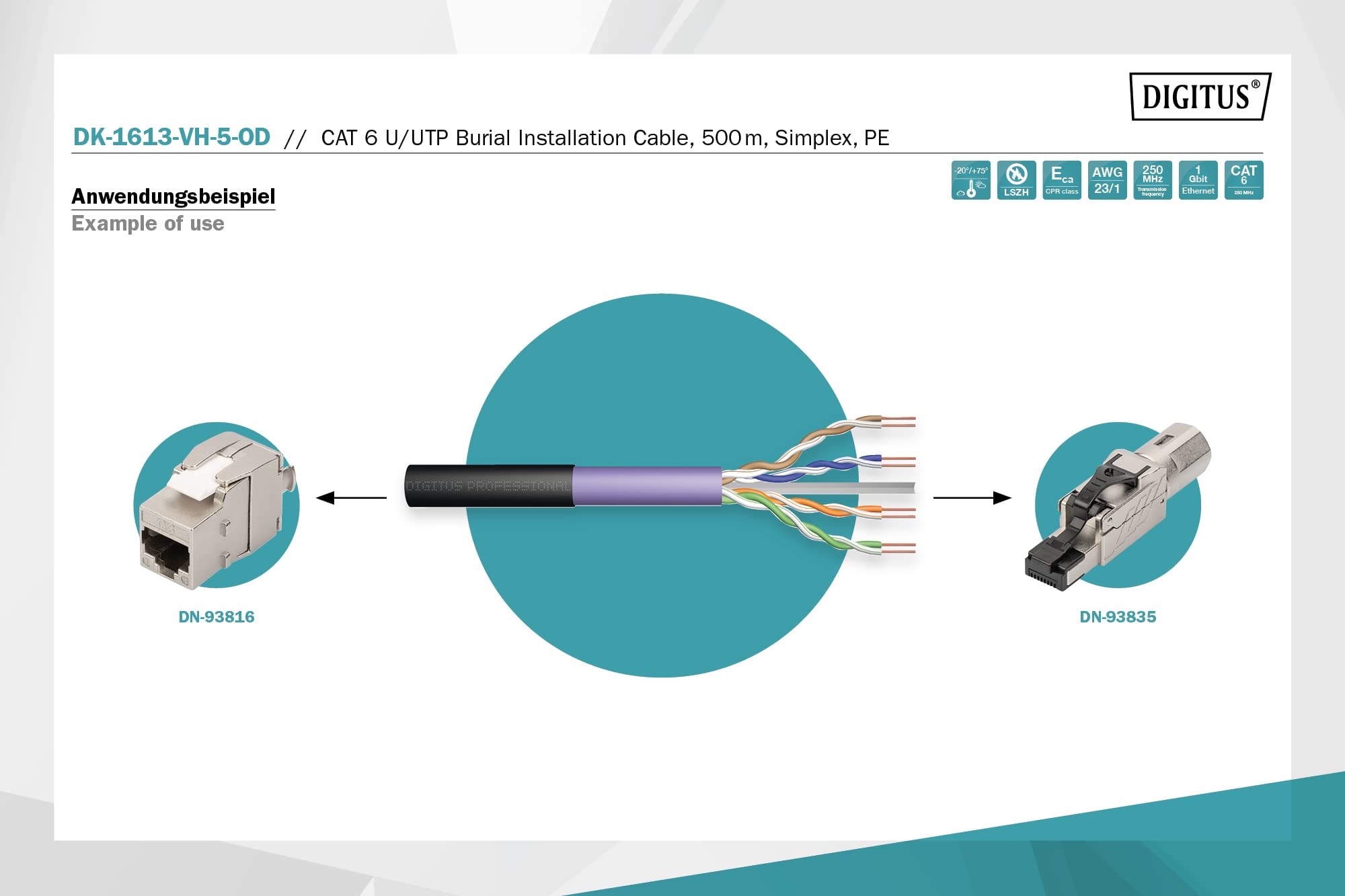 Digitus Cavo di installazione CAT 6 U-UTP per esterni, 250 MHz PE, interno Eca (LSZH-1), AWG 23/1, 500 m, Simplex, nero e viola, Simplex - LSZH-1 - Eca - Outdoor, Cat-6 - U-UTP - 500m