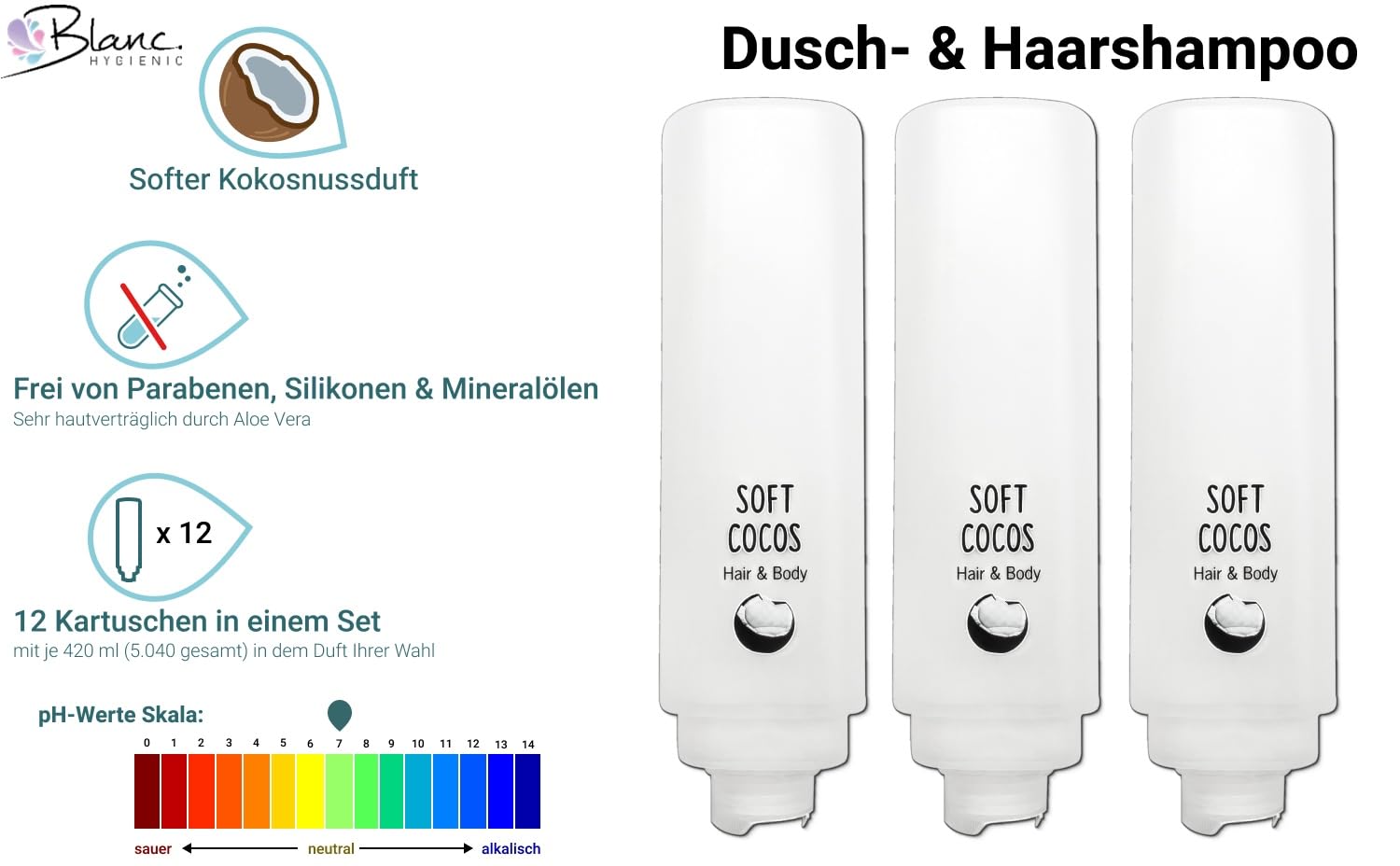 Set completo di esperienze doccia 12 x 420 ml, diversi profumi, 1 x 300 ml, schiuma di pulizia intima + 5 supporti da parete, colore bianco, dimensioni Soft Cocos: cocco