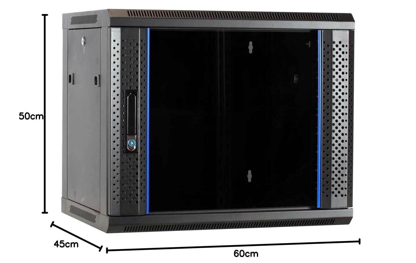 9HE Netzwerkschrank (Serverschrank) 19 Zoll Wandmontage - mit Glastür - Nicht vormontiert (BxTxH) 600 x 450 x 500mm - Schwarz - Traglast 40 kg