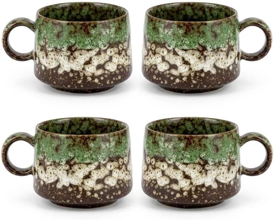 Japanese Tea Cups Set of 4pcs, 7oz Elegant Ceramic Matcha Cups with Flat Base, Darker Coffee Mugs,teacup with handle Microwave & Dishwasher Safe Green
