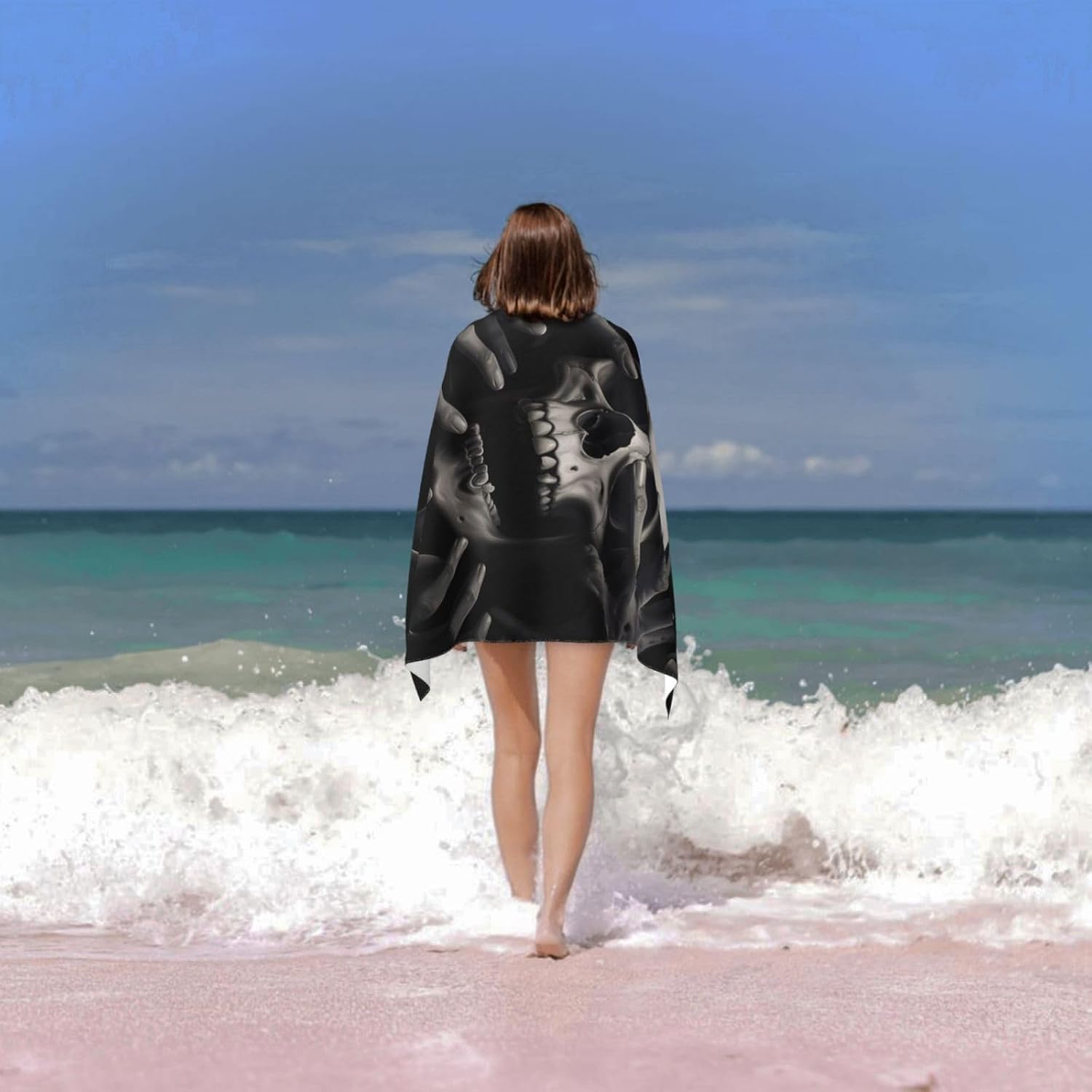 Black Skull Beach Towel Microfiber Sand Free Horror Towels for Adult Kids Quick Dry Ultra Absorbent Super Soft Pool Travel Swim Bath Shower Towel 52”x 32”
