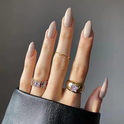 ookizom 24 piezas de uñas a presión medianas, uñas postizas a presión de color almendra puro, uñas acrílicas brillantes con pegamento, uñas postizas