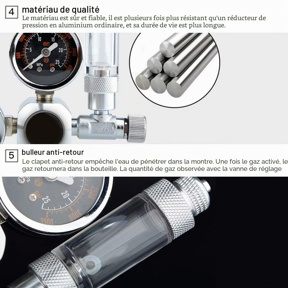 Régulateur de CO2 pour Aquarium Doseur de CO2 pour Aquarium Double de CO2 pour système aquatique à pression réglable avec comptables et clapet anti-retour(W21.8)
