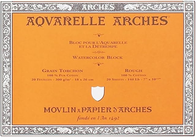 ARCHES 18 x 26 cm 300 GSM Rough Grain Glued on 4 Sides Block Watercolour Paper - Natural White (Pack of 20 Sheets)