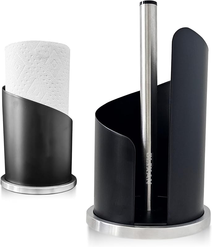 Encimera de soporte para toallas de papel de acero inoxidable, diseño cubierto moderno, base pesada para estabilidad, operación independiente y fácil con una sola mano para cocina y baño (negro)
