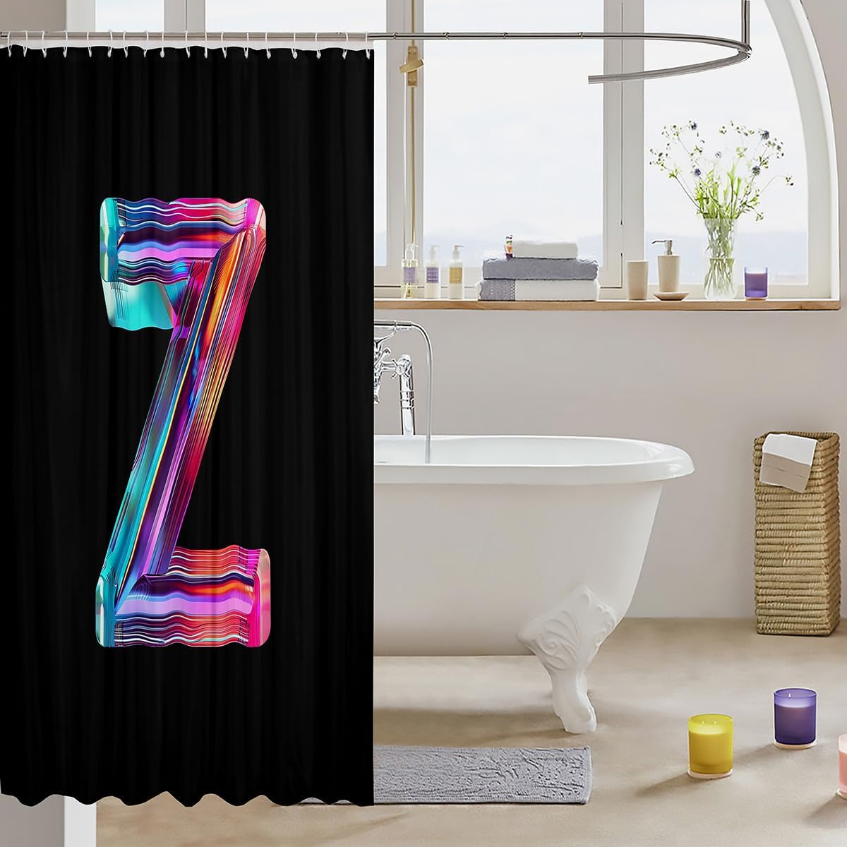 jejeloiu Letter Z Shower Curtain 72"x78" Alphabet Theme Bath Curtain for Kids Boys Girls Teens Pastel Purple Blue Black Bathroom Shower Curtain Set Colorful Kids Waterproof Bathroom Accessories