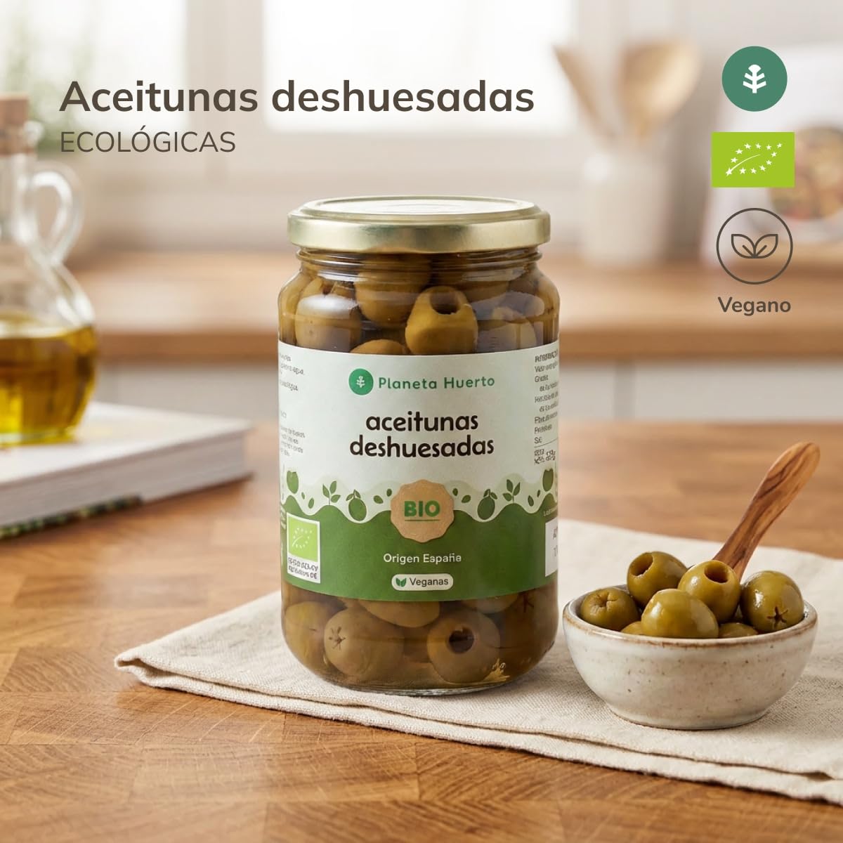 PLANETA HUERTO | Aceitunas verdes deshuesadas ecológicas Eco 335 g - Aceitunas Conservadas en salmuera natural con limón, 100% agricultura ecológica