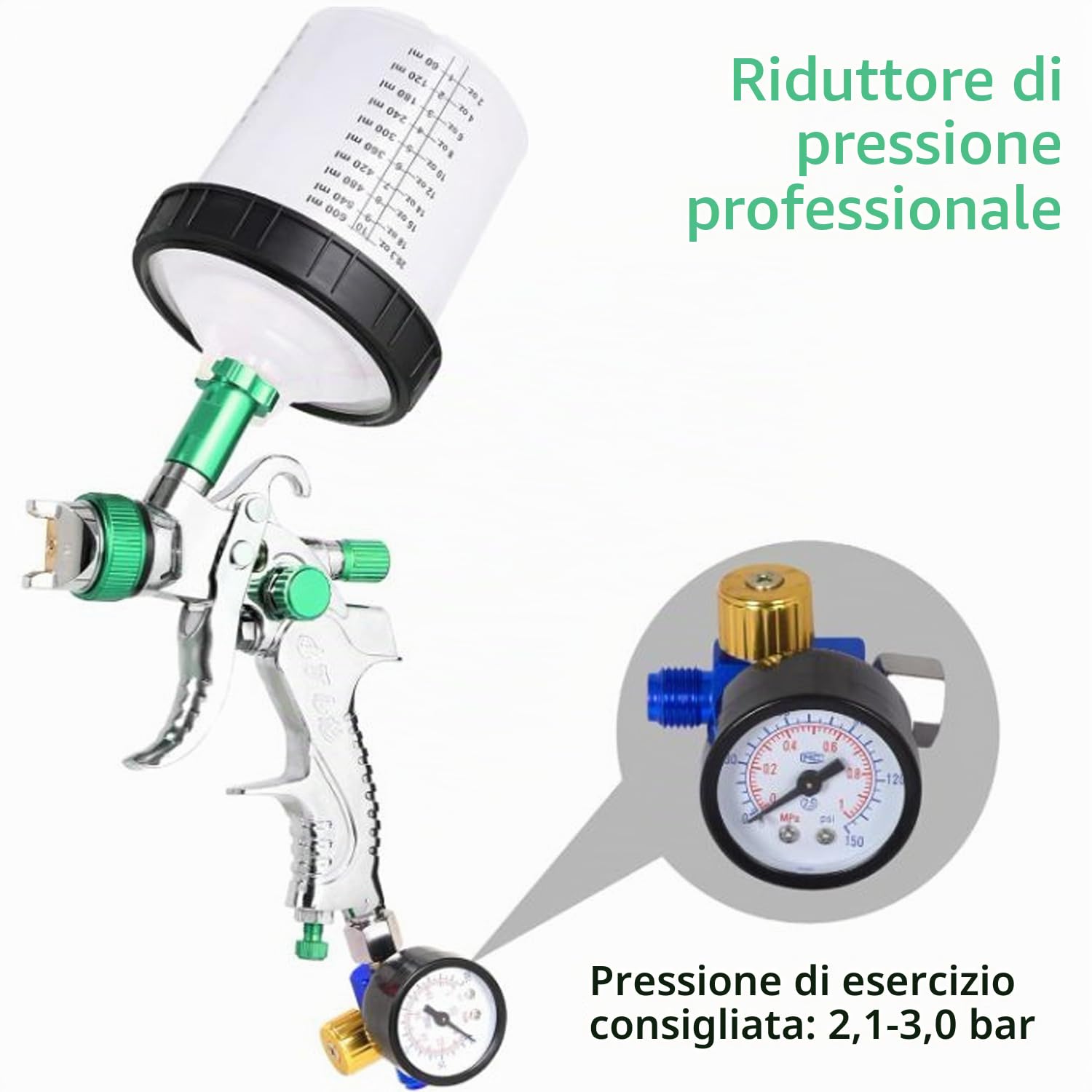 Pistola per Verniciare Pneumatica con 10 Tazze Colorate - Pistola a Spruzzo per Verniciare per Carrozzeria Auto, Kit Completo con 3 Ugelli e Manometro (Verde)