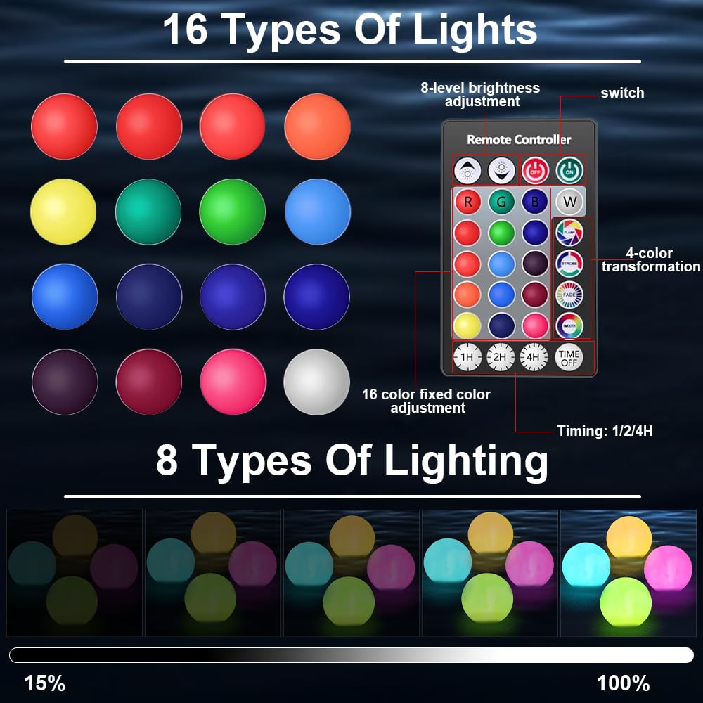 4 Stück Schwimmende Poolbeleuchtung, 16 RGB Farbwechsel Pool Lichter Schwimmend mit Fernbedienung, USB-Aufladung, Wasserdichtes Poolbeleuchtung Schwimmend, Pool Licht für Garten, Teich, Party