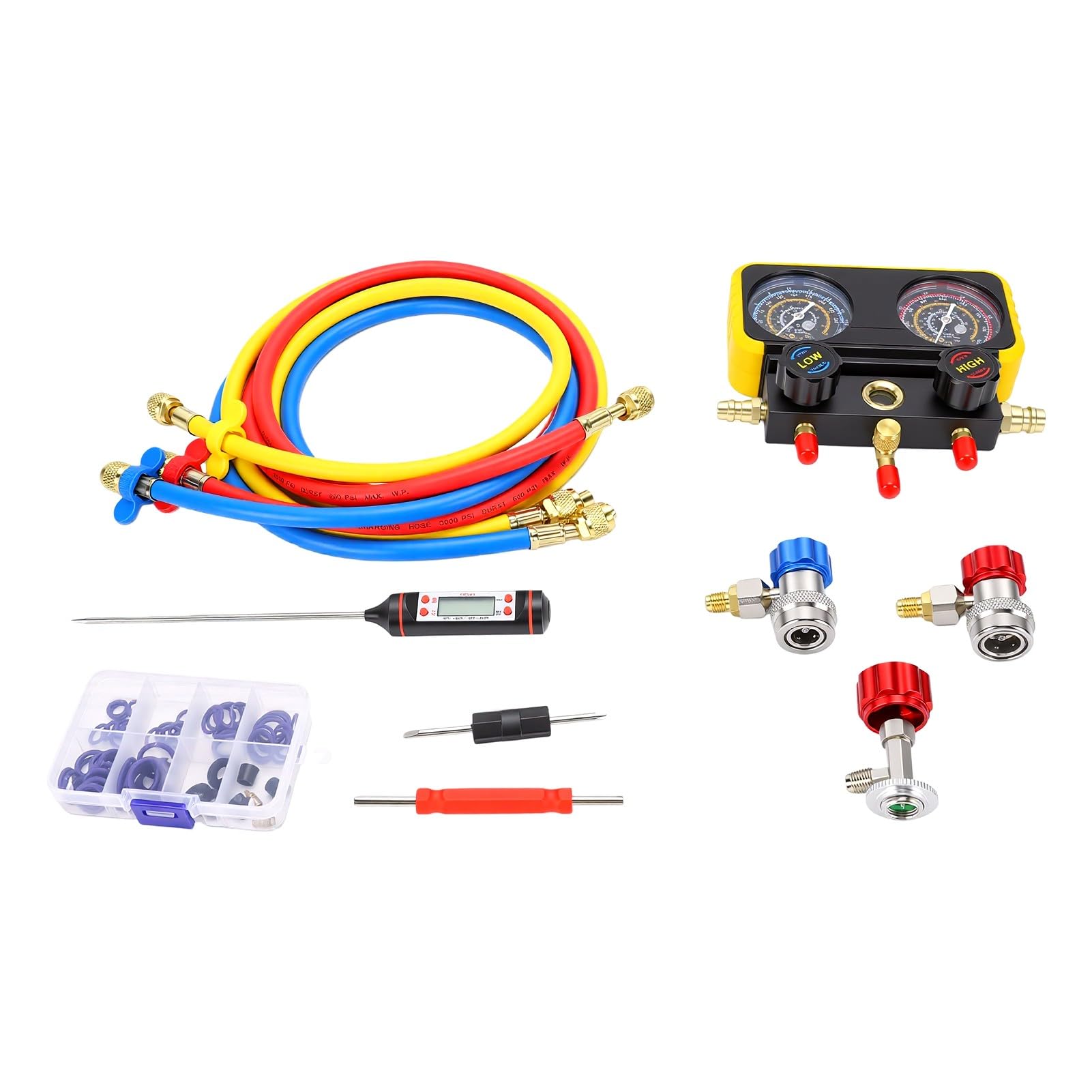Tbest Juego de Manómetros de Colector HVAC R134A Kit de Manguera y Manómetro de Diagnóstico de Aire Acondicionado con Accesorios de Conexión Rápida para Carga de Refrigerante, Vacío y