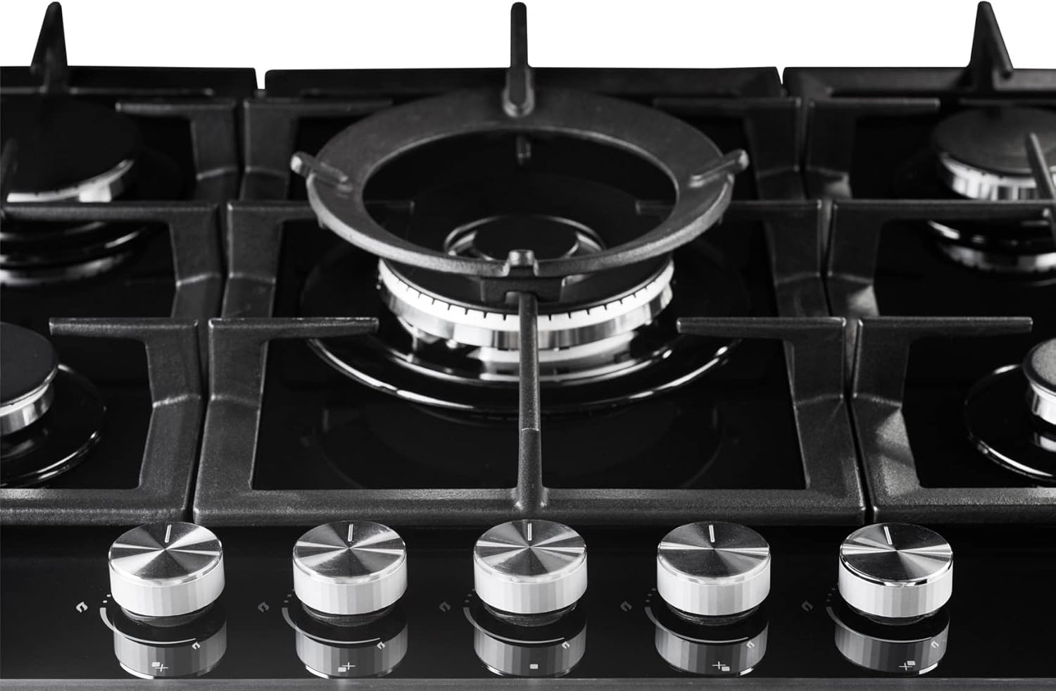 PremierTech PC705G Piano Cottura a Gas da 70cm, 5 fuochi, Vetro Nero, Bruciatore Wok, Supporti in Ghisa, GPL e Metano