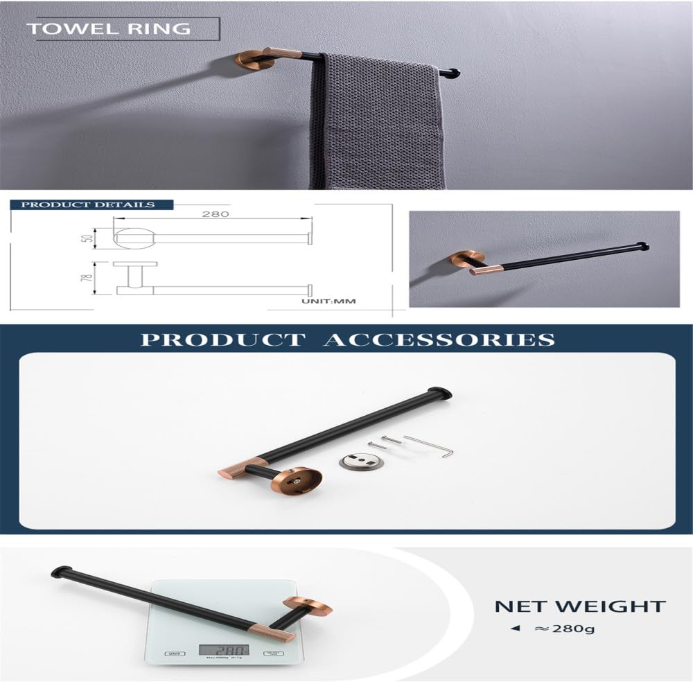 Moderno juego de accesorios de baño de oro rosa y negro mate, incluye toallero, soporte para rollo de papel higiénico, soporte para cepillo de inodoro, accesorios de baño de acero inoxidable elegantes