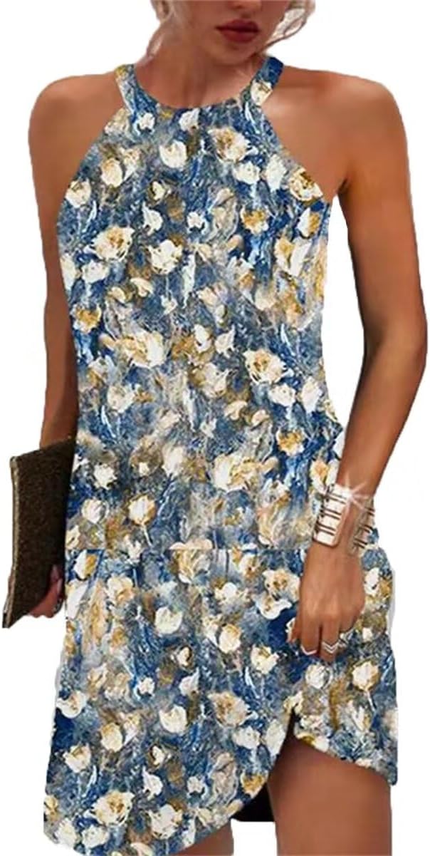Women Summer Sleeveless Halter Neck Dresses 2026 Casual Floral Print Dress Sun Dresses for Party Beach Vacation
