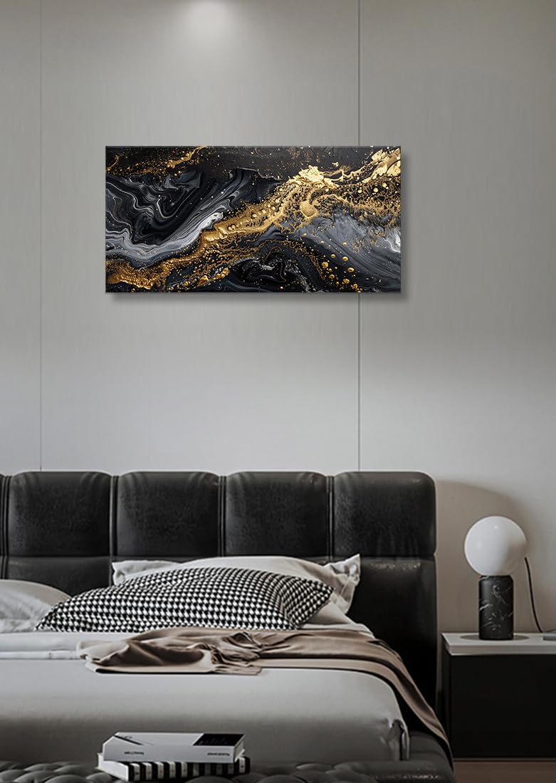 Black and Gold Marble Wall Art Golden Swirl Abstract Painting Luxurious Canvas Print Picture Office Home Decor for Living Room Bedroom